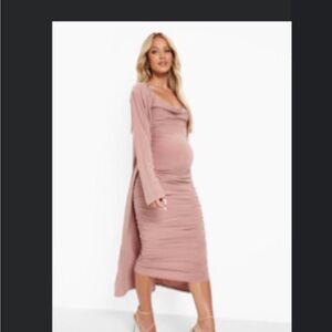 Elegant Pink Maternity Dress with Long Cardigan